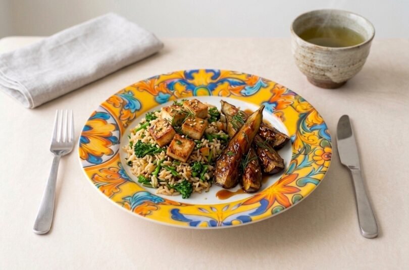 Riz sauté au Tofu et brocolis hachés, Aubergines au Miso