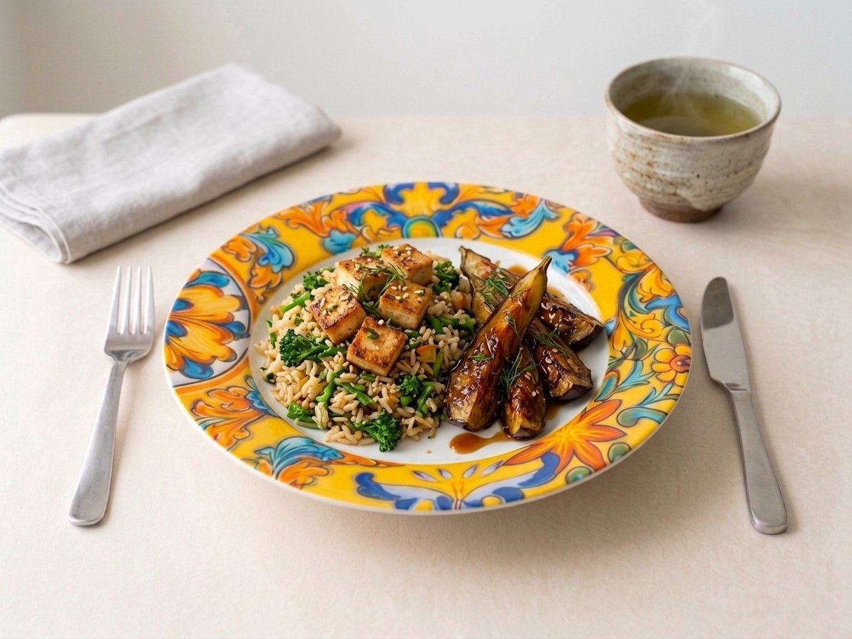 06 Riz sauté au tofu et Aubergines au miso Riz sauté au Tofu et brocolis hachés, Aubergines au Miso